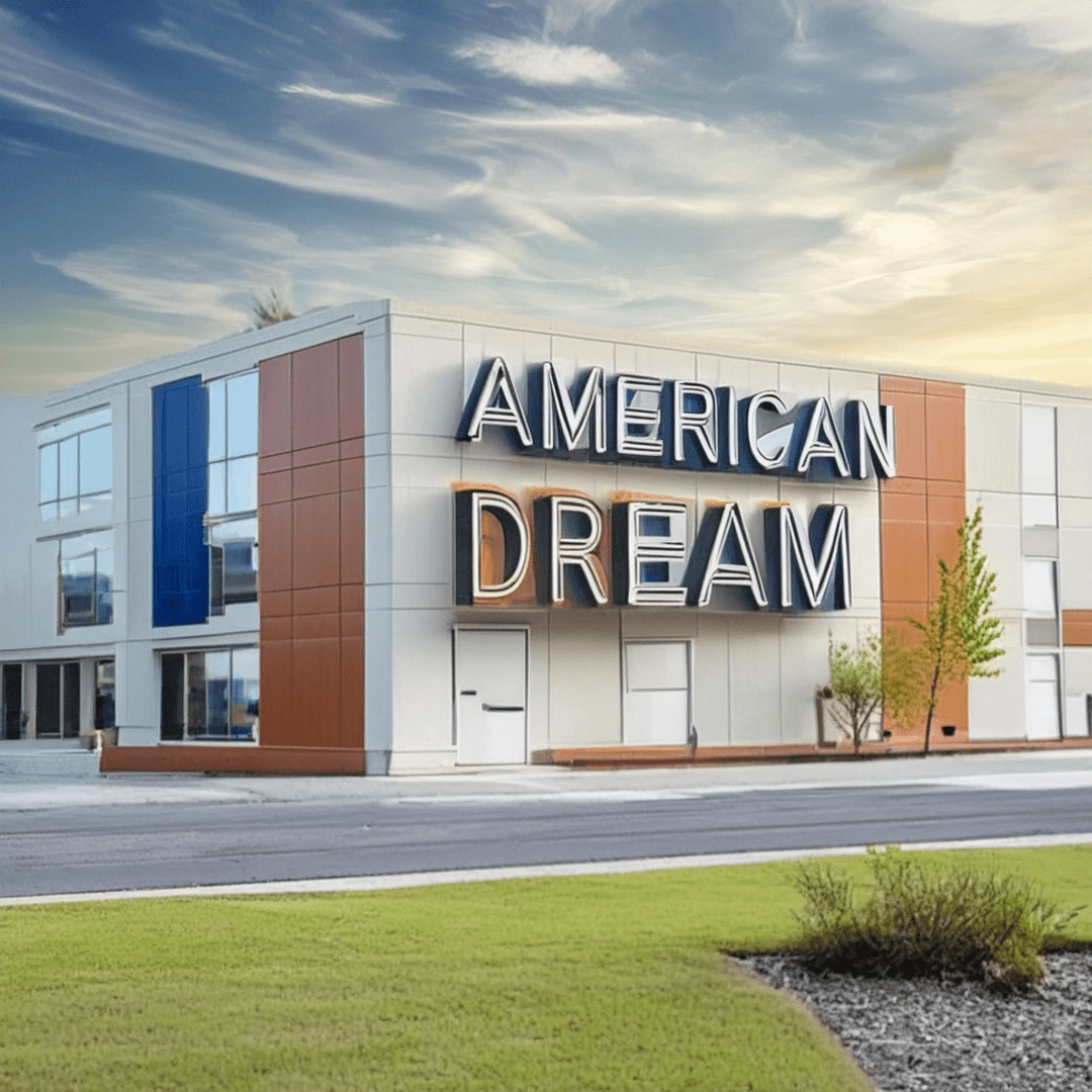 A large building with the words " american dream ".